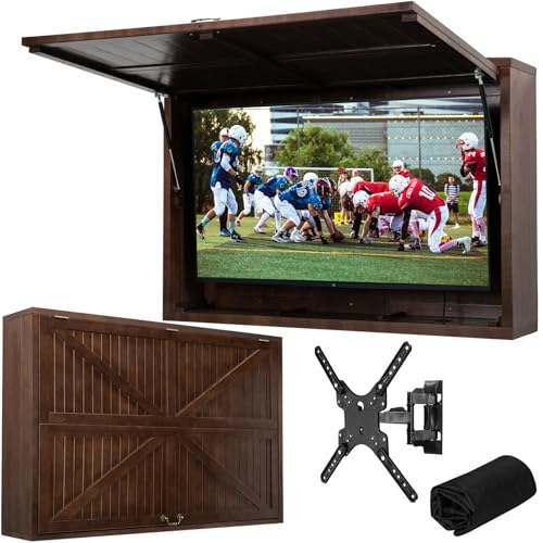 Coperat Outdoor TV Enclosure for 32-55TVs Weatherproof Outdoor TV Hard Cover Solid Wood Outdoor TV Case with TV Wall Mount Bracket Up-Flip Door & 600D Oxford TV Cover
