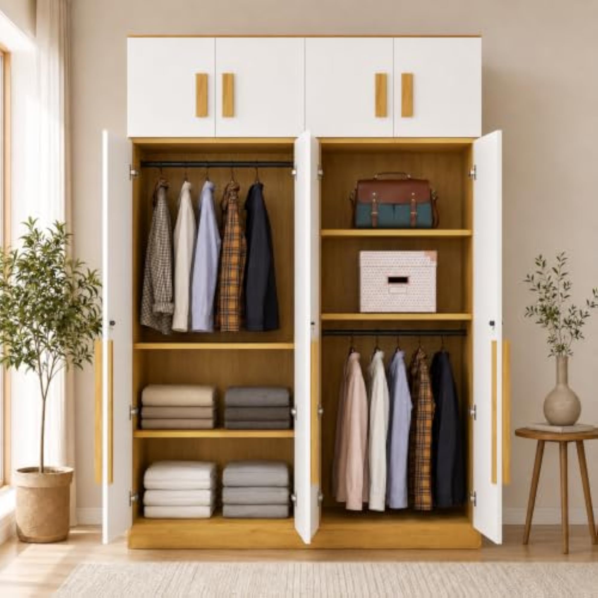 4 Door Wardrobe with Overhead Loft Storage & Lockable Design