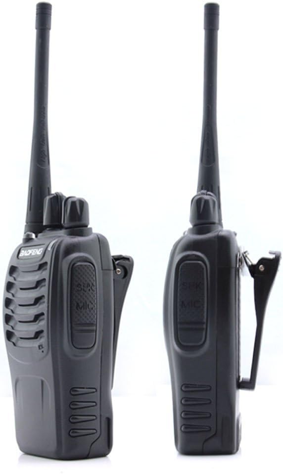 BAOFENG BF-888S Two Way Radio with antenna and belt clip attached, shown from front and side views.