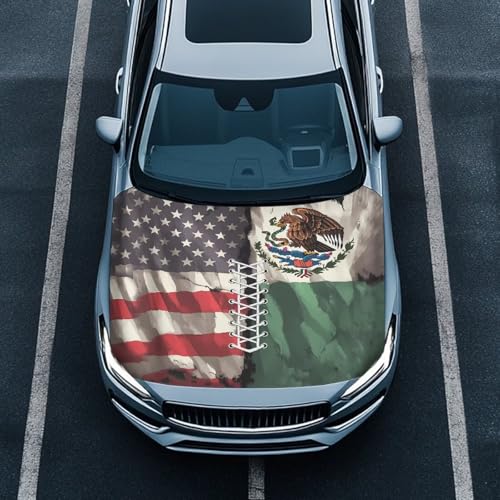 Image of Car Hood Cover Protector Stretchable Auto Hood Wrap Blankets Waterproof Sun Proof Auto Exterior Accessories for SUV Sedans Trucks (USA Flag and Mexican Flag Stitching)
