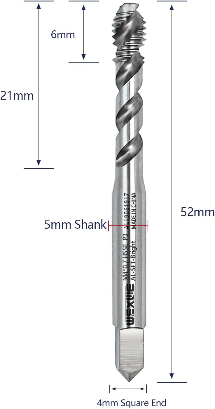 Tools M4 x 0.7 Spiral Flute Thread Tap, Metric Machine Threading Tap High Speed Steel Cobalt(HSSCo), Bright for Aluninum Cuttinh,Round Shank with Square End, H2 Tolerance, 1pcs