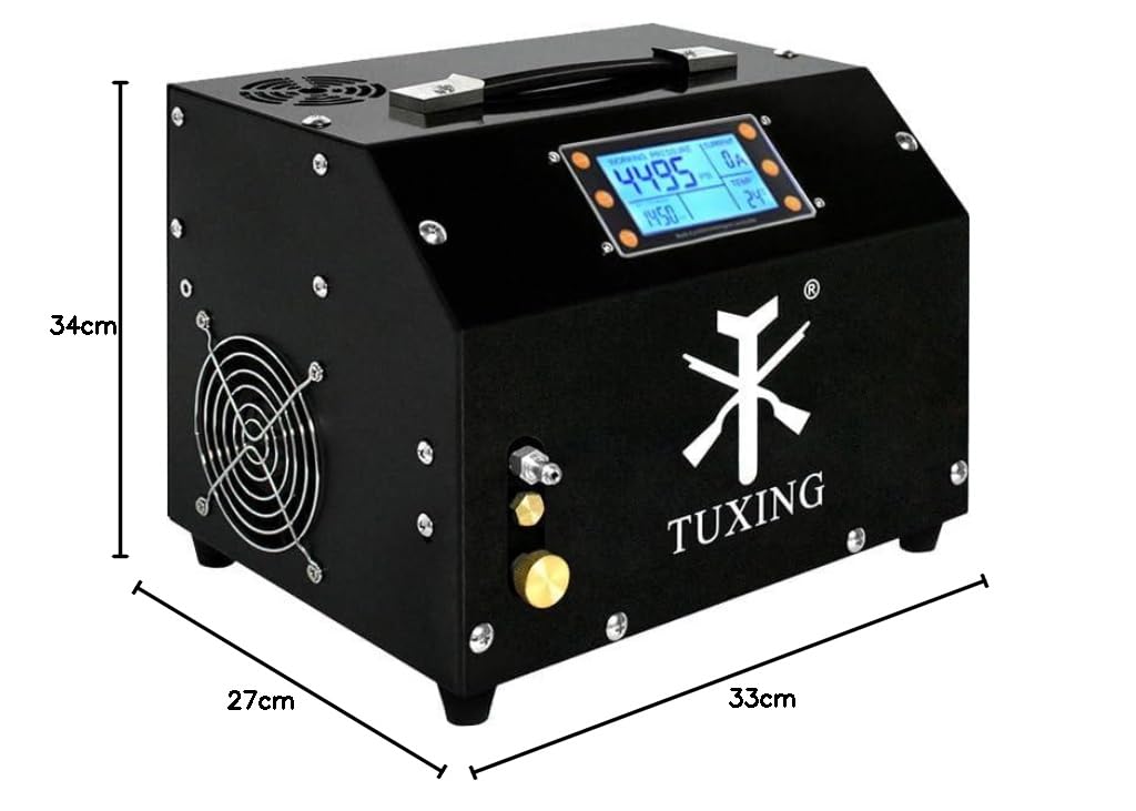 Compresor de aire PCP TUXING de 4500 psi, versión con pantalla LCD, parada automática, sin aceite ni agua, transformador integrado y sistema de drenaje para rifles y pistolas de aire comprimido PCP