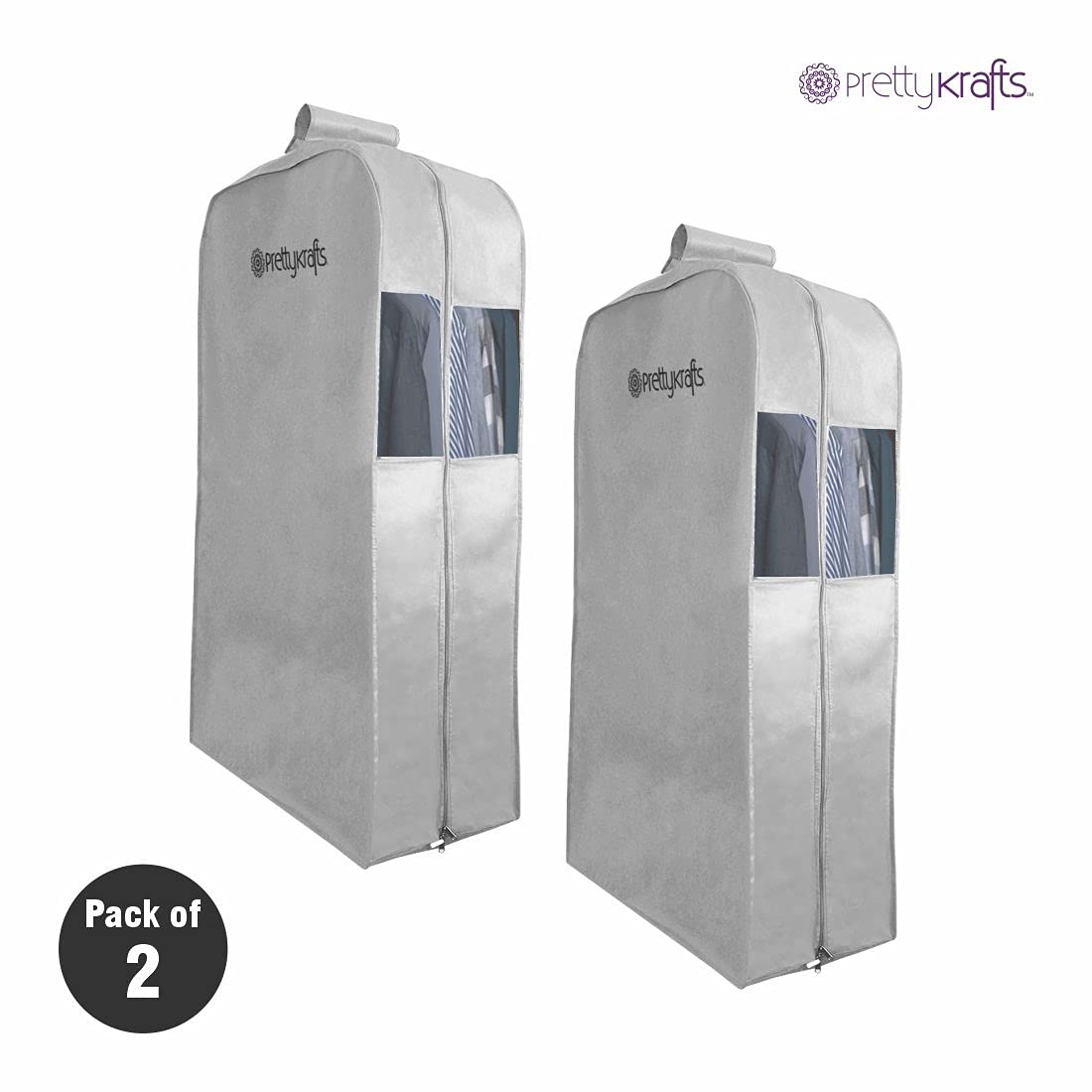 PrettyKrafts Hanging Garment Bags for Storage β Suit Bag, Dress Shirt, Coat and Dress Cover with Window & Zipper, (Set of 2) Grey 4