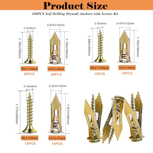 Image of 100PCS Self Drilling Drywall Anchors with Screws Kit, 2‑Sizes Wall Anchors, 3‑Sizes Expansion Screws, Heavy‑Duty No Drill Sheetrock Anchors, Holds Up to 66LB for Shelves & Picture Frames