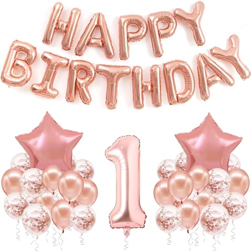 Image of Rozi Decoration Rose Gold Theme 1st Year Birthday Party Decor, First Decoration Items for Girl, Happy 1 Year Baby Girl Decoration Pack of 36 Pcs