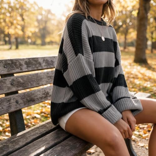 Image of Simier Fariry Womens Fall Winter Long Sleeve Oversized Striped Sweater
