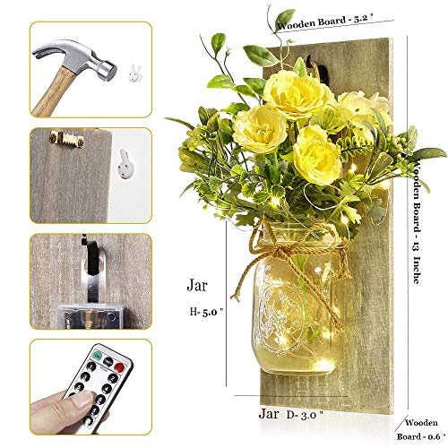 Image of Wall Decor Mason Jar Sconces - Rustic Farmhouse Home Decor with Remote Control Wall Lights and Yellow Rose for Bedroom Wall Decor Living Room Kitchen Decorations Set of Two