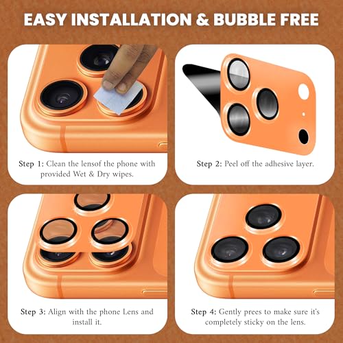 Image of ArmourPro Camera Lens Protector for iPhone 17 Pro 6.3-Inch, Full Coverage 9H Tempered Glass Ring Cover, Matte Metal Plate, Case Friendly | Orange, Pack of 1