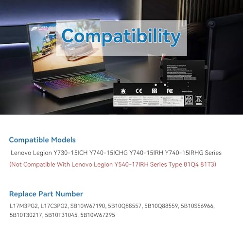 Image of ASUNCELL L17M3PG2 Laptop Battery Compatible with Lenovo Legion Y7000-2019 Y7000P-1060 Y530-15ICH-1060 Y540-15IRH Y540-17lRH Series L17C3PG2 5B10Q88555 5B10Q88559 11.52V 57Wh 4955mAh Ultra-Long Line