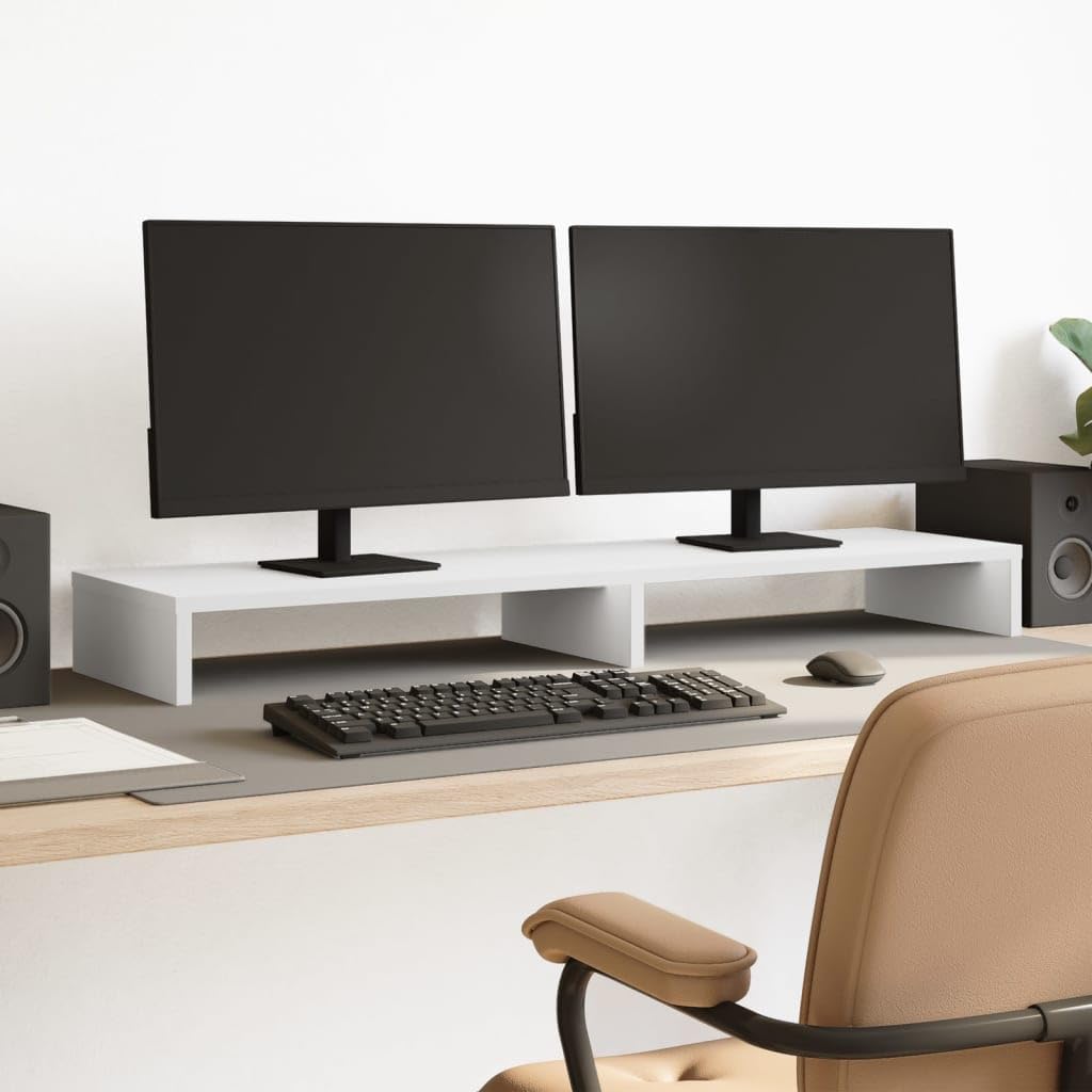 Supporto per monitor bianco, 100 x 27 x 10 cm, in legno per un lavoro ergonomico, adatto per due monitor, con vano portaoggetti, regolabile in altezza, stabile supporto per laptop e PC