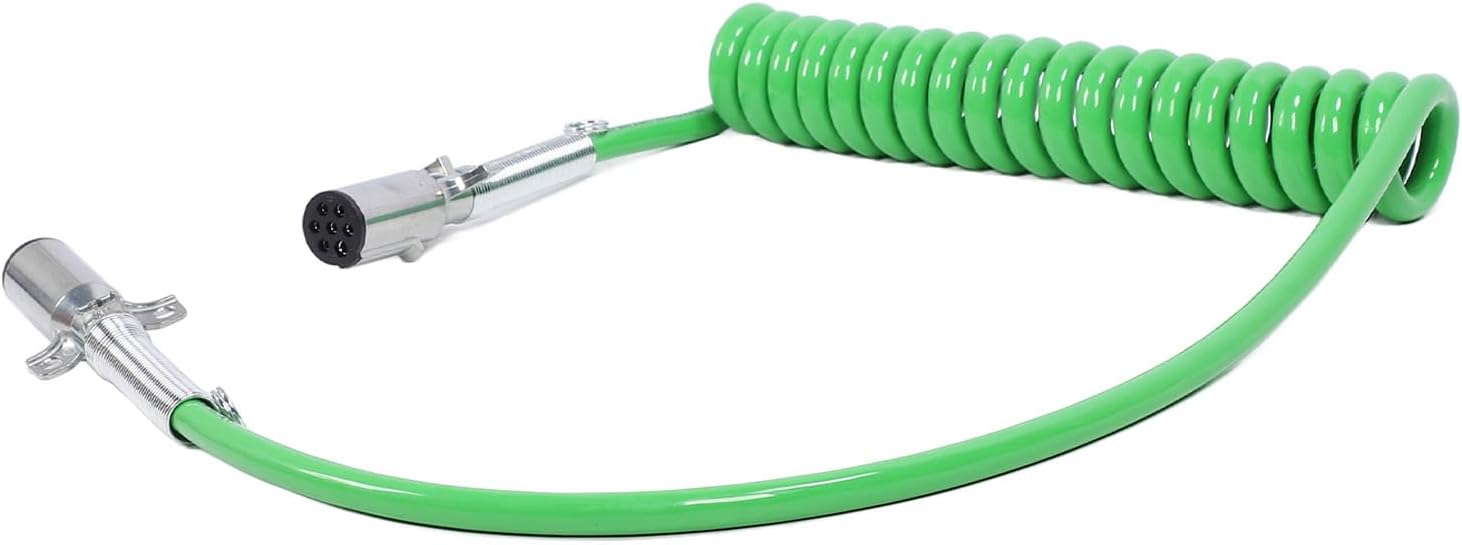7 Way Trailer Cord, ABS Trailer Cord, 15FT 7 Way Coiled Trailer Cord Long Tail ABS Power Line Green Heavy Duty Power Wire for Semi Trucks Tractors