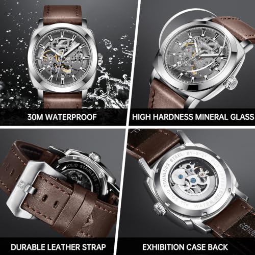 Image of Benyar Automatic Watches for Men | Skeleton Mechanical Leather Strap Mens Watch | 45mm Dial | 30M Waterproof | Men's Stylish Gift