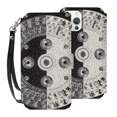 HKMNLEW Ying Yang Diagram Print Flip Wallet Case iPhone 12 6.1�C���`�p�APU���U�[���C�ϏՌ��g�ѓd�b�P�[�X�J�o�[ �J�[�h�z���_�[�ƃ��X�g�X�g���b�v�t�� �z���C�g