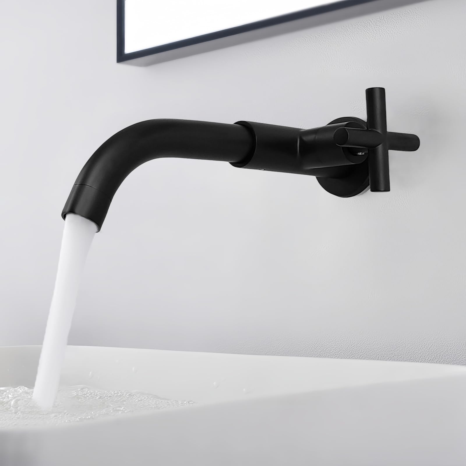 Grifo Mural de Agua Fría Negro, 23CM | Grifo lavabo de Pared de latón negro, giratorio 360°, G1/2, para jardín exterior baño cocina lavandería mop pool