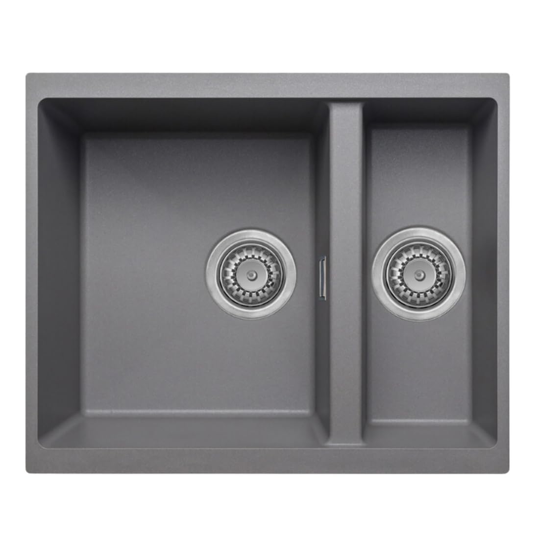 Austen & Co. Florence Inset & Undermount 1.5 Bowl Reversible Granite Kitchen Sink with Strainer & Over Flow Kit - Grey