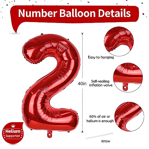 Image of 40 Inch 2nd Birthday Number Balloon, Red Foil Giant Number Balloons 0-9 Set for Girls Kids, 20 years old Birthday Party Decor Graduation Baby Shower Anniversary Party Decoration Women Men Supplies