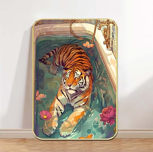 Image of Livin'luxe Majestic Tiger in Bathtub Wall Art - Gold Framed Quirky Jungle Animal Poster - Vibrant Wildlife Artwork for Home, Bathroom & Office Decor (13 x 19 Inch) MG01-864