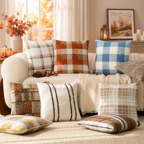 Image of Foindtower Pack of 2 Soft Faux Fur Boucle Throw Decorative Pillow Covers Fuzzy Accent Striped Cushion Sherpa Boho Farmhouse Pillowcase for Couch Sofa Bed Living Room Home Decor 20x20 Inch,Ivory