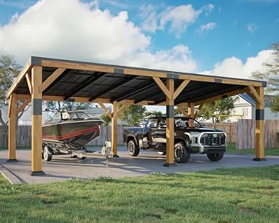 Jocisland 12x24x8.2 FT Cedar Wood Carport for 2 Cars, Heavy Duty Canopy Carport with Sloped Galvanized Steel Roof for All Weather, Permanent Shelter for Full-Sized Pickup Truck, Boat & Tractor