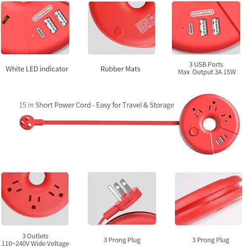 Miniatura 2 de NTONPOWER - Regleta de alimentación de viaje, estación de carga de escritorio con 3 tomas, 3 USB, cable de extensión corto de 3 pies para viajes,