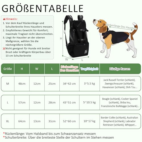 ALLSOPETS Hunderucksack Tragetasche Verstellbar für Kleine Mittelgroße Hunde, Haustier Rucksack zum Spaziergang Wandern Camping Bergsteigen Reisen (Kohlenschwarz, M)