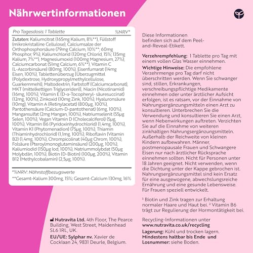 Multivitamine & Mineralien für Frauen - 24 essentielle aktive Vitamine & Mineralien mit zusätzlicher Hyaluronsäure - 180 vegane Tabletten - keine synthetischen Füllstoffe oder Bindemittel - Nutravita