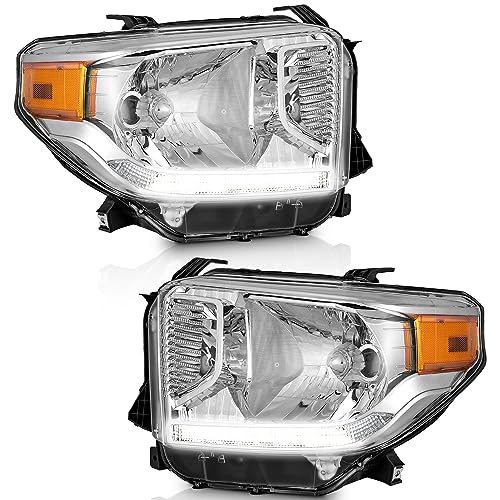 WEELMOTO Halogen Headlights Assembly For 2014-2021 Toyota Tundra Headlight Assembly Pair with DRL Strip Replacement For 14 15 16 17 18 19 20 21 Toyota Tundra Chrome Housing Amber Reflector Set