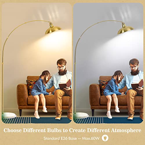 Image of FILIYANO Gold Brass Arc Floor Lamp for Living Room - Mid Century Modern Standing Lamp, Overhanging Floor Lamps, Arch Stand Up Lamp & Floor Light with White Marble Base, Ideal for Bedroom Study Room