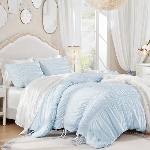 Image of Intelligent Design Ruched Shabby Chic Blue King Comforter Set, 3pc | Girls Bedding Set, French Country, All Season Down Alternative, Cozy, Machine Washable, Lightweight, Breathable