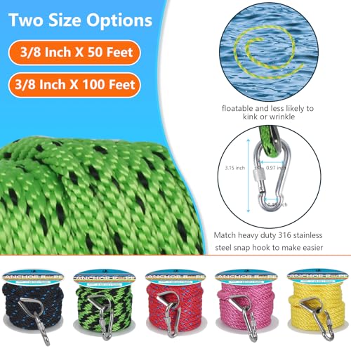 Anchor Rope 50 Ft 3/8 in, Premium Solid MFP Braid Anchor Line with Heavy Duty 316 Stainless Steel Thimble & Snap Hook, Boat Anchor Rope Marine Rope for Anchor and Boat - Green & Black