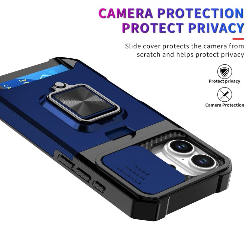 Image of LuxuryKase Shockproof Armor Case for iPhone 17 | Slide Camera Cover | Hidden Card Slot | Rotating Ring Kickstand | Magnetic Car Mount Support | Military Grade Protection - Blue