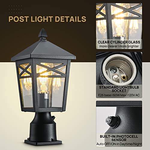 Moonlok Dusk To Dawn Outdoor Post Lights, 2 Pack Farmhouse Exterior Lamp Post Light Fixtures With Clear Glass, Black Finish Exterior Outdoor Lantern Lights For Patio Garden #TOP4