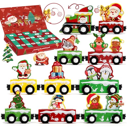 BuzzoXerex Calendario Adviento Niños 2025, 24 Días Regalos Calendario Adviento Niños Madera Tren con 16 Adornos Navideños Magnético Navidad Tren Regalo para Niño Niña