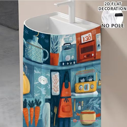 Image of Premium Printed Kitchen Sink Curtain with Rod Pocket | Under Sink Storage Cover | Washable Dustproof Cabinet Curtain for Kitchen Counter, Wash Basin (NEW Kettle, Pack of 2)