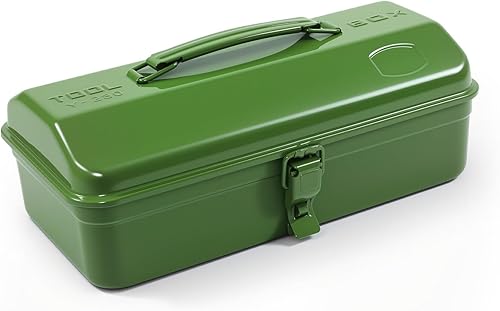 Caja de herramientas de metal portátil verde militar, estilo de techo de cadera con cierre de cierre de metal, pecho de herramienta para taller