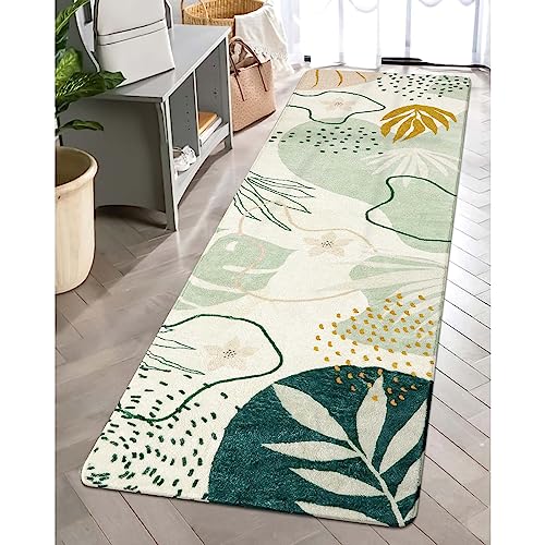 Lahome Green Hallway Runner - 2x7 Washable Non-Slip Runner Rug Throw Lightweight Soft Bathroom Runner Rug, Boho Botanical Print Indoor Carpet Runner for Bedroom Kitchen Entrance Laundry Living Room