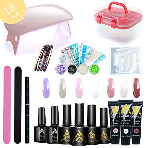 Poly Nail Gel Kit, 7 Colors Nail Extension Gel with UV Lamp, Poly Extension Decoration Kit, Base Top Coat Set with Rhinestone, Nail Molds, Complete Nail Art Gel Kits for DIY Manicure, Pink Nude Series