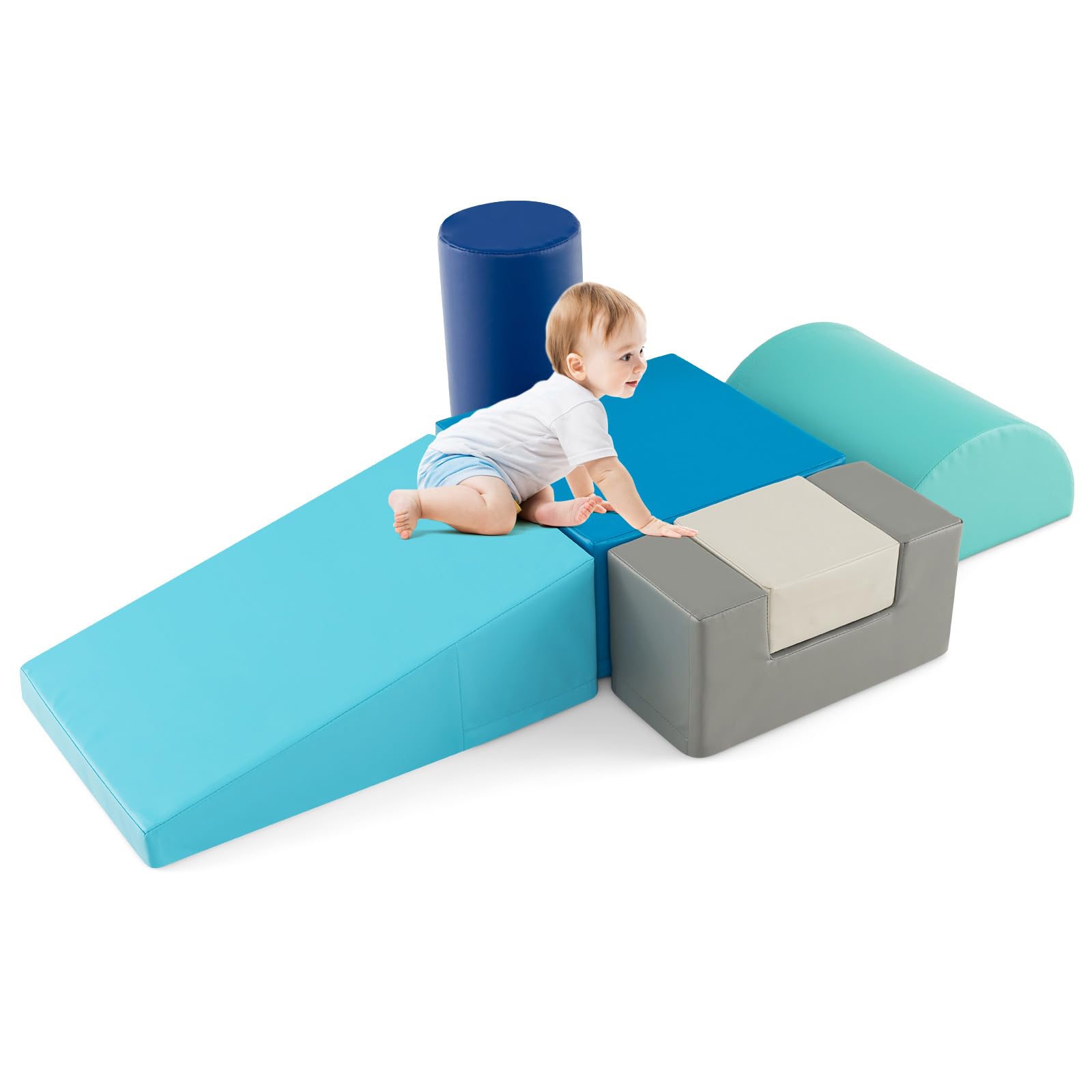 GOPLUS 6 TLG. Schaumstoffbausteine, Softbausteine zum Klettern & Rutschen, Riesenbausteine aus Kunstleder & Schaumstoff, Großbausteine Softbausteine für Baby Kleinkinder (Pfauenblau)