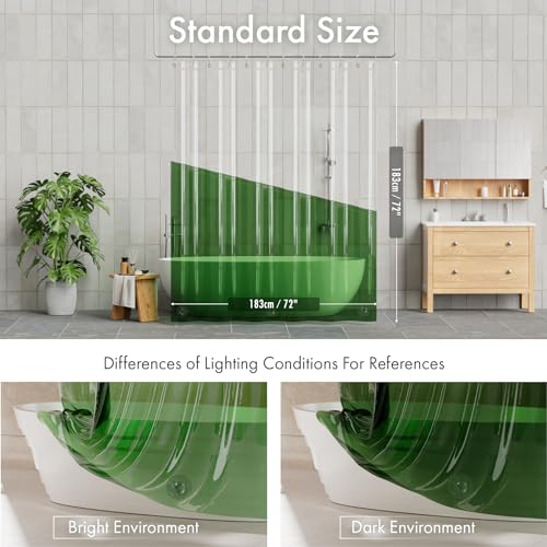 Image of AmazerBath Color Block Shower Curtain Liner, 100% EVA Soft Shower Liner - 72 x 72 Inches Heavy Duty Shower Curtain and Liner 2-in-1 with 3 Clear Stones and 12 Brass Grommets - Clear & Pine Green