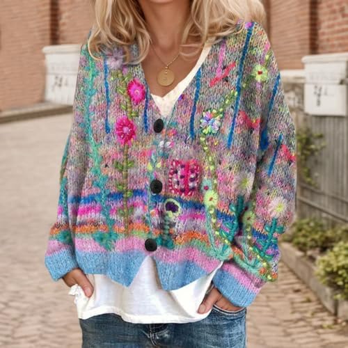 Akivide Women's Colorful Floral Print Long Sleeve Cardigan Casual Loose Open Front Button Down V Neck Knitted Coat Outwear2