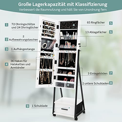 COSTWAY Schmuckschrank mit Spiegel, Schmuck Spiegelschrank mit Schublade, auf Rollen, abschließbar, freistehend, 42 x 38 x 157 cm (Weiß)
