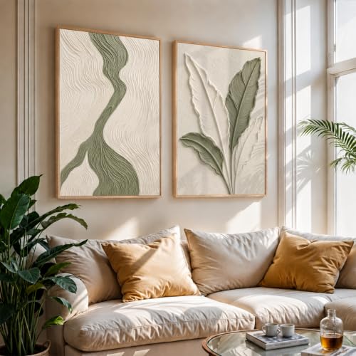 Image of NoWorries Textured Botanical Leaf Wall Painting Set of 2 with Frame | Sage Green & Beige Abstract Nature Artwork, Minimal Modern Wall Decor for Living Room, Bedroom, Office and Home Decoration (Art-1, 13x19inch)