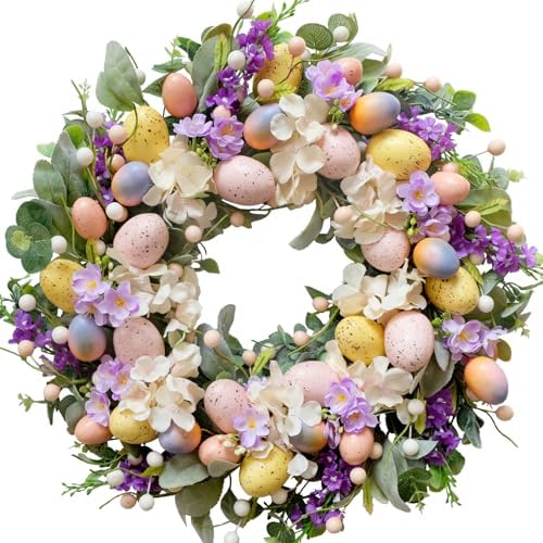 20 Inch Easter Eggs Hydrangea Flower Wreath for Front Door, Sprin...
