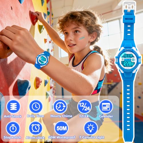 Image of Juboos Kids Digital Watch for Boys Girls 5-18, 7 Colors LED Light Kids Sports Outdoor Wristwatch, Waterproof Watch with Alarm, Stopwatch