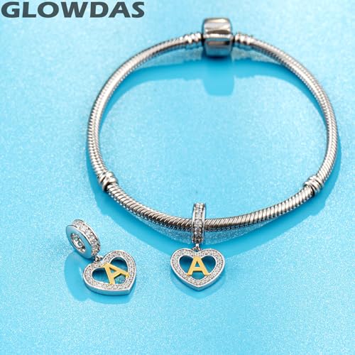 Image of GLOWDAS 18K Gold Plated Letter Charms Initial A to Z Necklace Pendant, 925 Sterling Silver CZ Heart Dangle Alphabet Beads fit European DIY Bracelet, Gifts for Valentiens /Christmas /Family