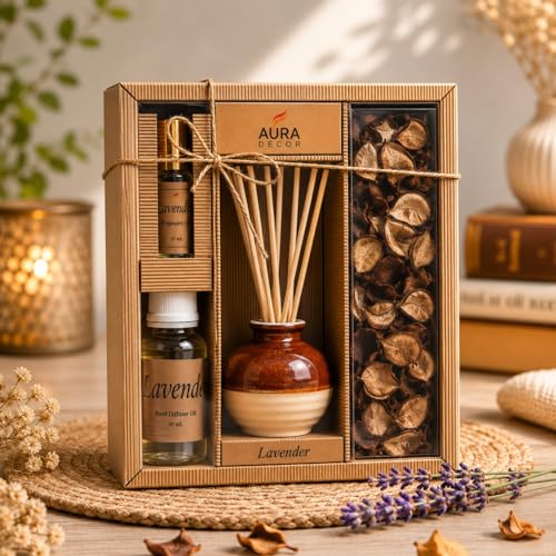 Image of AuraDecor Reed Diffuser Gift Set with Potpourri, Fragrance Oil & 6 Reed Sticks | Air Freshener for Living Room, Bedroom & Office | Decorative Aroma Diffuser Gift Set (Lavender, X-Large)