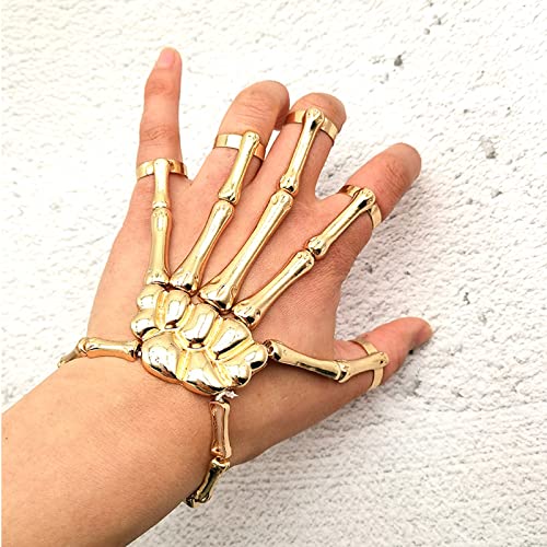 Caiyao Gothic Halloween Skull Skeleton Metal Fingers Hand Bone Bracelet with Adjustable Ring Wristband Handmade Punk Jewelry for Women3