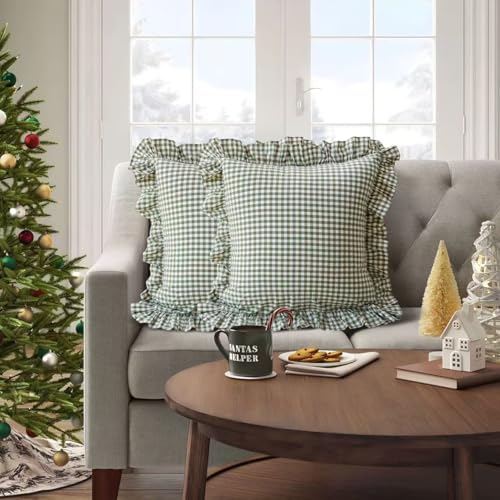 2 Pack Sage Green Euro Sham Covers - 26x26 inches Washed Cotton Ruffle Pillow Cases, Farmhouse Gingham Ruffled Pillow Covers for Bedroom, Living Room (Sage Green/White Plaid, 26x26 inches)