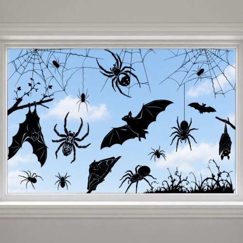 Image of AhfuLife Large Halloween Window Clings Decorations, 12.6 x 35.4 in, 5 Sheets Scary Bat Spider Cobweb Window Stickers Double‑Sided Extra Large Silhouette Reusable Decals for Halloween Home Party Indoor