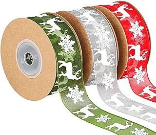 Fovths 3 Rolls 30 M Christmas Ribbon Gift Wrapping Ribbons Organza Ribbon Xmas Theme With Snowflake Elk in 3 Colors for Gift Wrapping, 25mm Wide